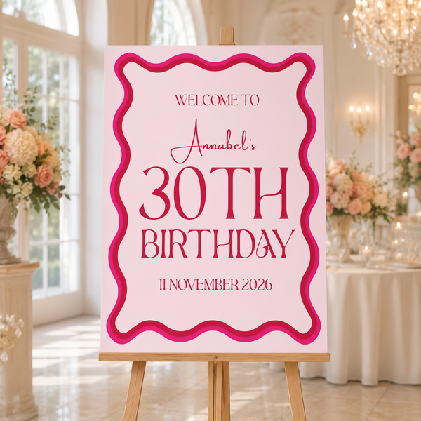 Personalised 30th birthday pink welcome sign displayed on a floor easel at a party