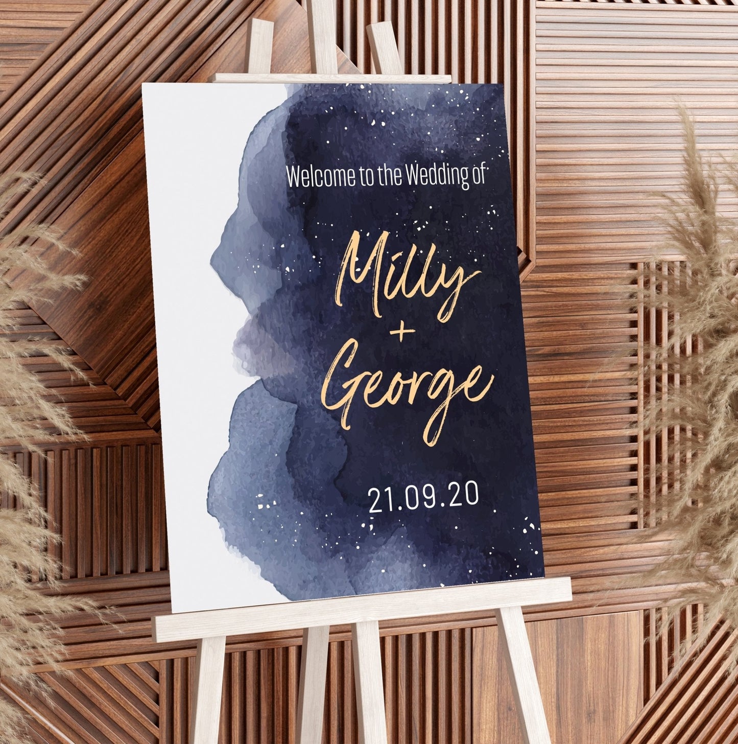 A1 Foamex Navy watercolour Welcome Wedding Sign on an easel- TheWeddingHub.ie