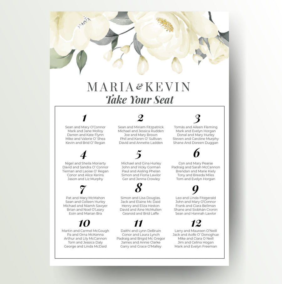 White rose personalised A1 wedding seating plan - Partysigns.ie