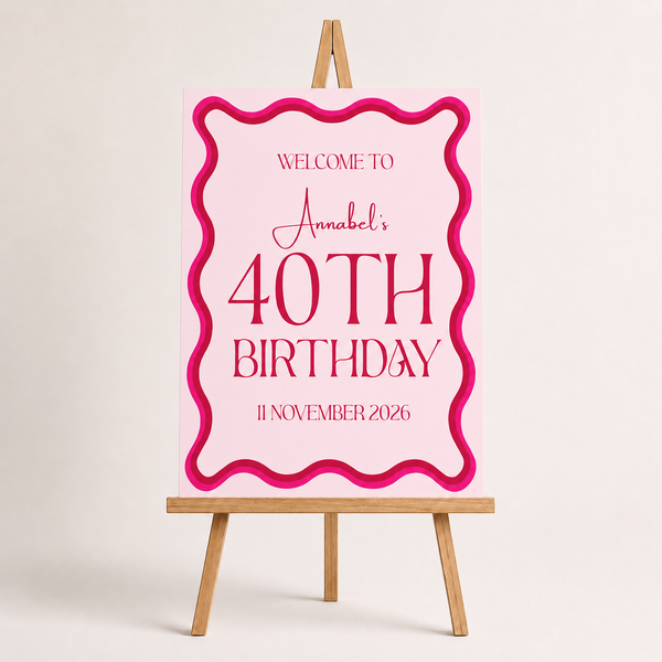 Close-up of personalised 30th birthday pink welcome sign showing name and typography