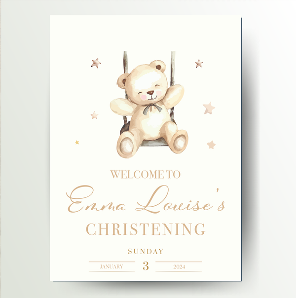 Teddy bear on swing personalised christening welcome sign - Partysigns.ie