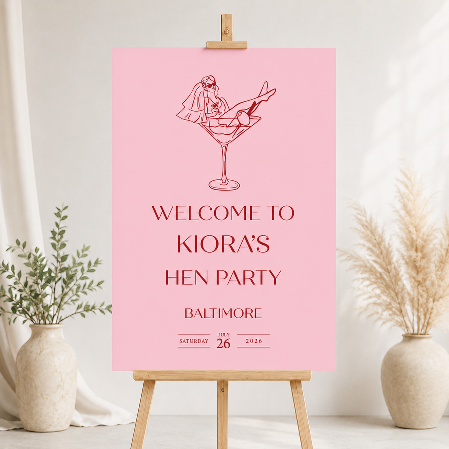 Pink hen party welcome sign personalised with the bride's name - Partysigns.ie