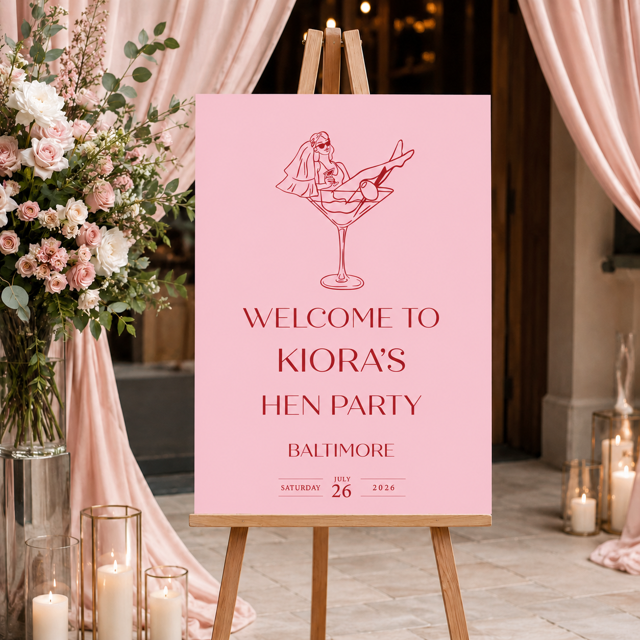 Personalised pink hen party welcome sign for the bride-to-be - Partysigns.ie