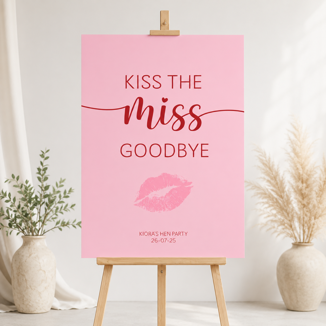 Personalised Kiss the Miss Goodbye hen party sign for the bride-to-be - Partysigns.ie