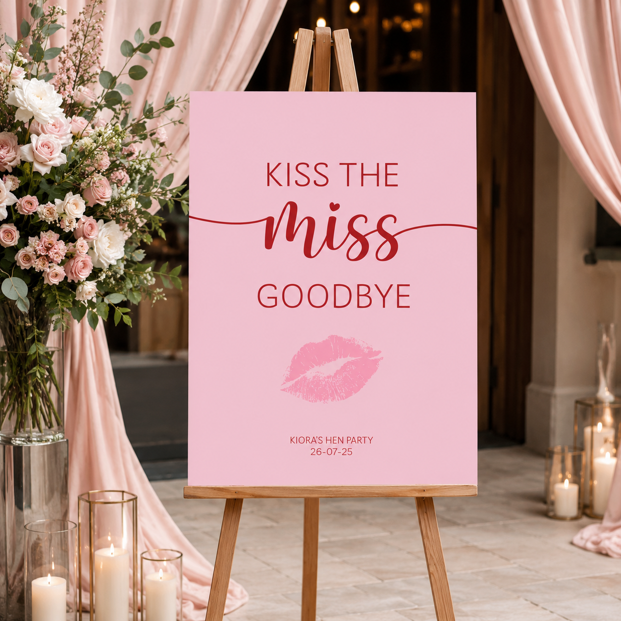 Kiss the Miss Goodbye pink hen party sign display - Partysigns.ie
