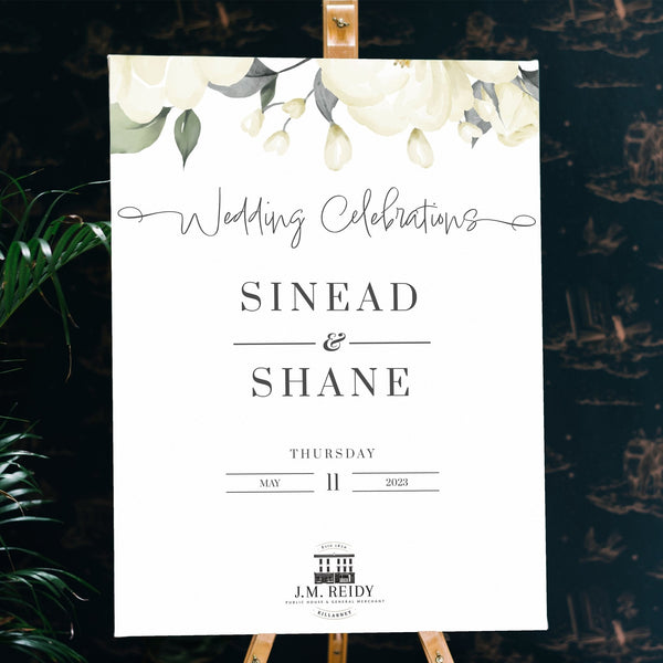 Delicate white rose welcome wedding sign on an easel - Partysigns.ie
