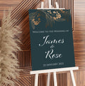 Jade green and rose gold leaf welcome wedding sign on an easel - Partysigns.ie
