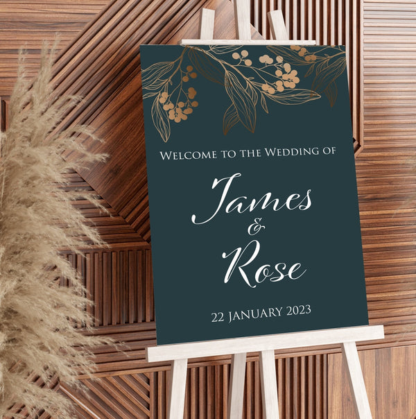 Jade green and rose gold leaf welcome wedding sign on an easel - Partysigns.ie