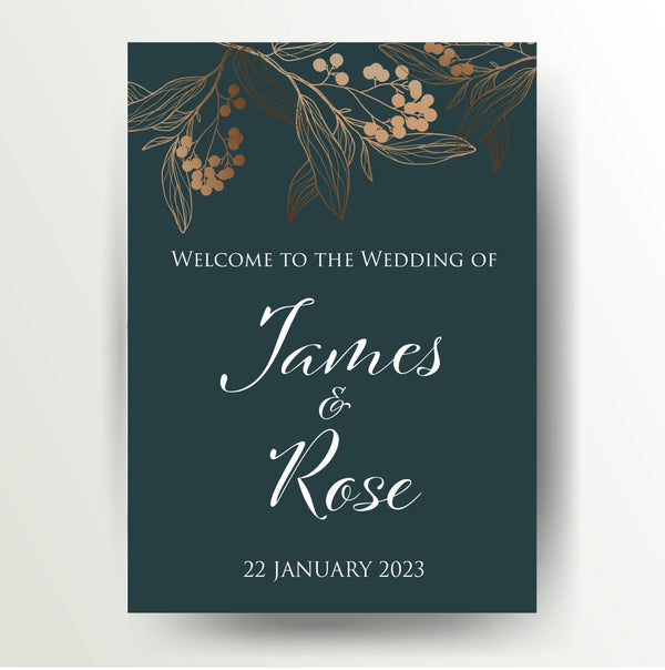 Jade green and rose gold leaf welcome wedding sign - Partysigns.ie
