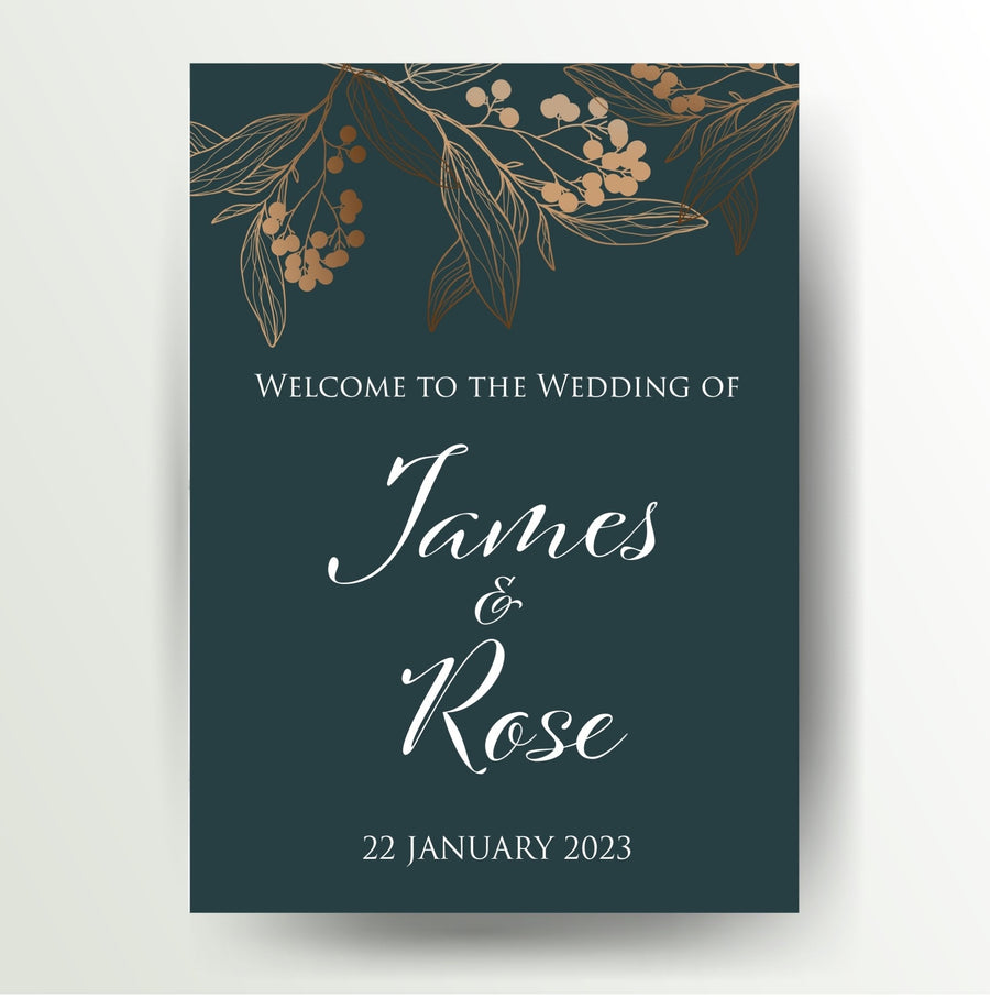Jade green and rose gold leaf welcome wedding sign - Partysigns.ie
