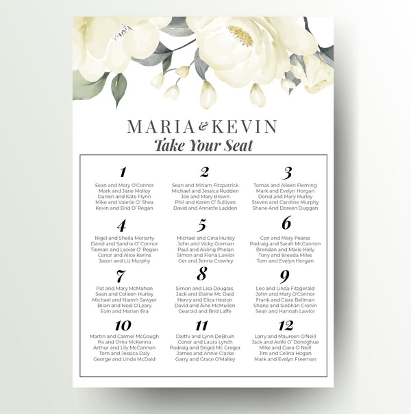 White rose personalised A1 wedding seating plan - Partysigns.ie